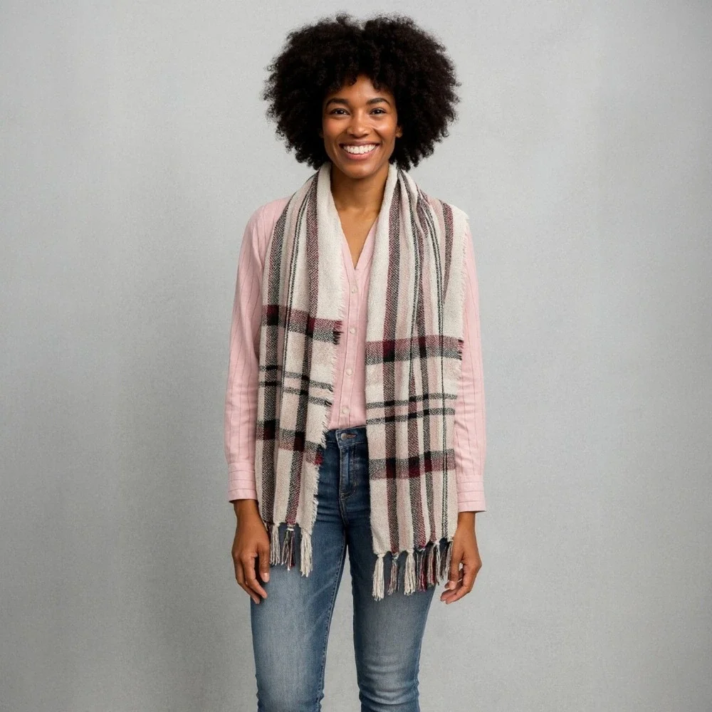 Style And Co Pink Plaid Fringe Scarf Soft Cozy Winter Fall Accessories Checkered